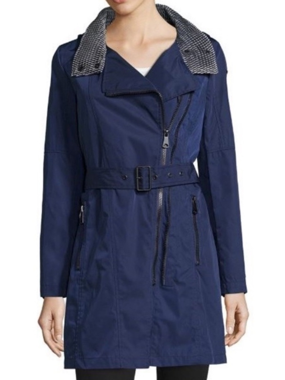 S💙 Marc New York Blue Belted Hooded Trench Rain Coat Asymmetrical Black Zippers